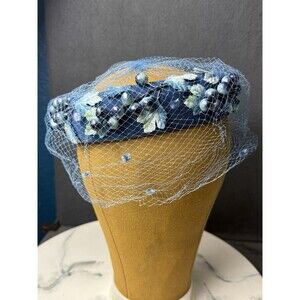 Vintage 1950s Royal Blue Velvet Pillbox Hat Birdcage Veil Floral Beaded Union US